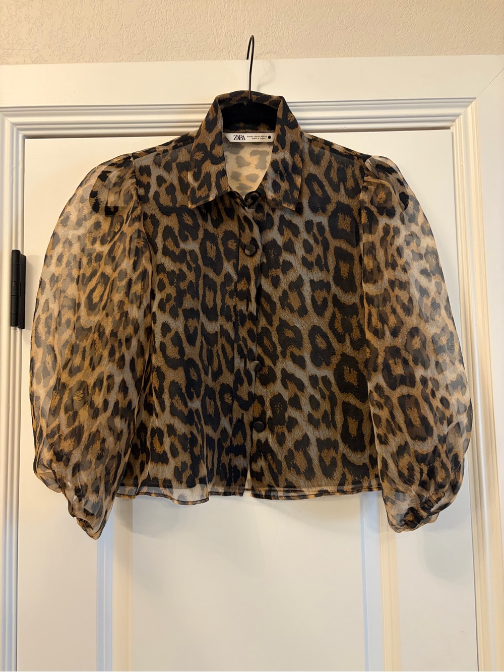 ZARA Brown & Black Leopard Print Sheer Button Blouse